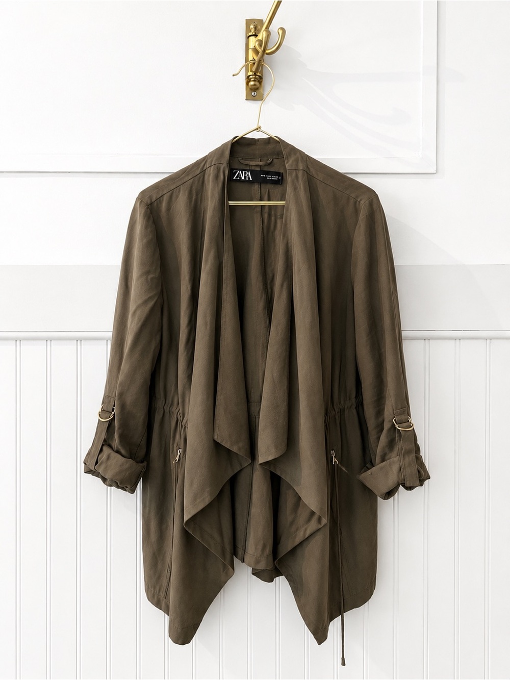 Zara olive waterfall open-front jacket